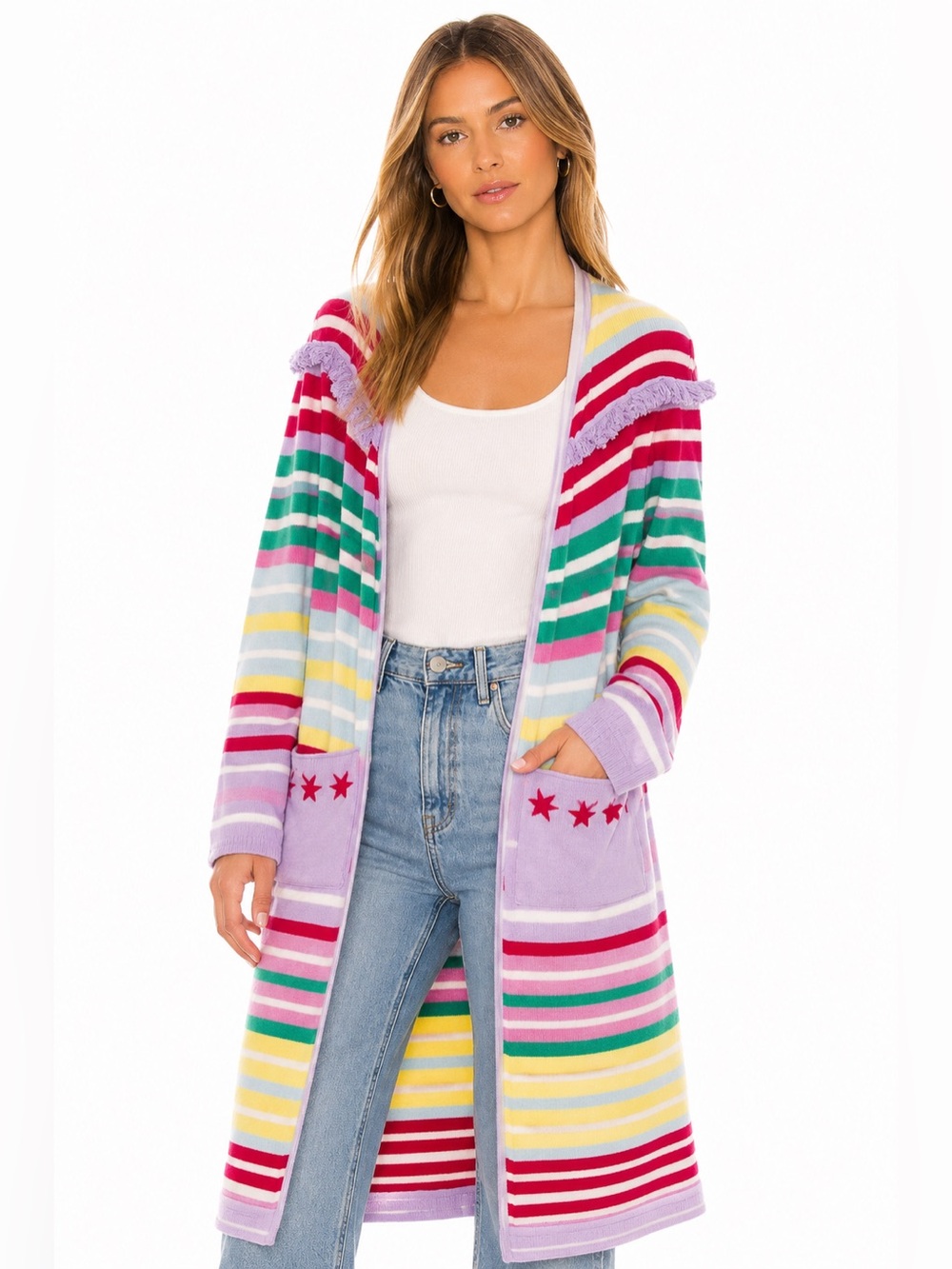 Hayley Menzies Long Multicolor Striped Sweater Duster Cardigan with Fringe Trim